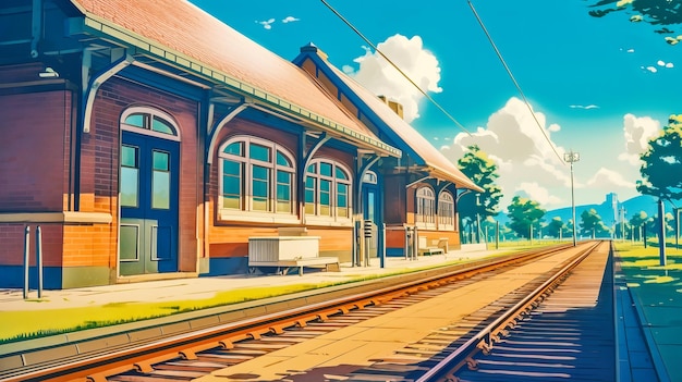 a train station and train tracks in the foreground anime comics art style cozy lofi architecture