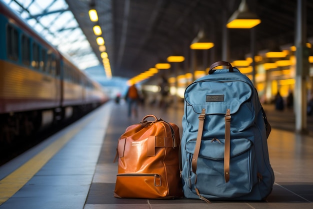 Train station traveler Blue backpack Scott shirt hat and suitcases embodying vacation vibes