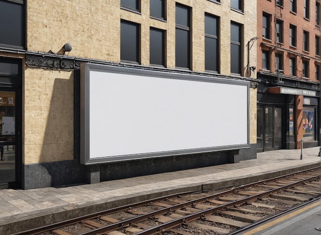 a train station with a blank billboard on the side of the tracks