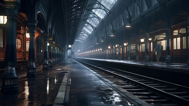 A train station with a light on the ceiling