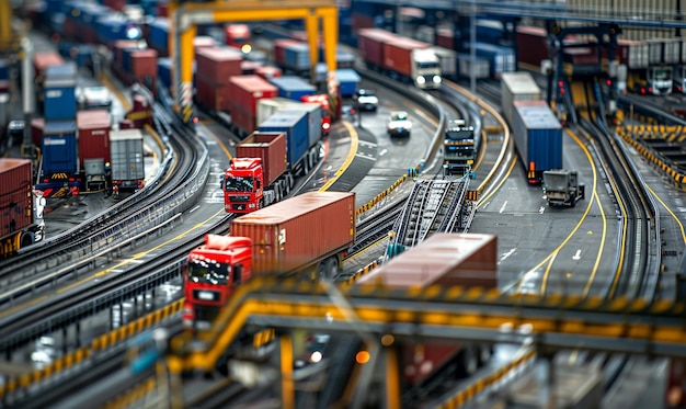 Foto una stazione ferroviaria con diversi camion e camion su di essa