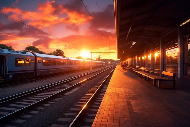 Photo a train station with a sunset in the background