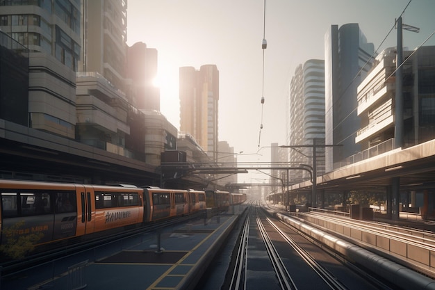 A train that is on a track in a city