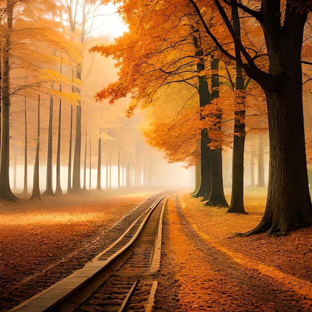 A train track in autumn with a tree on the left side and the word " train " on the right.