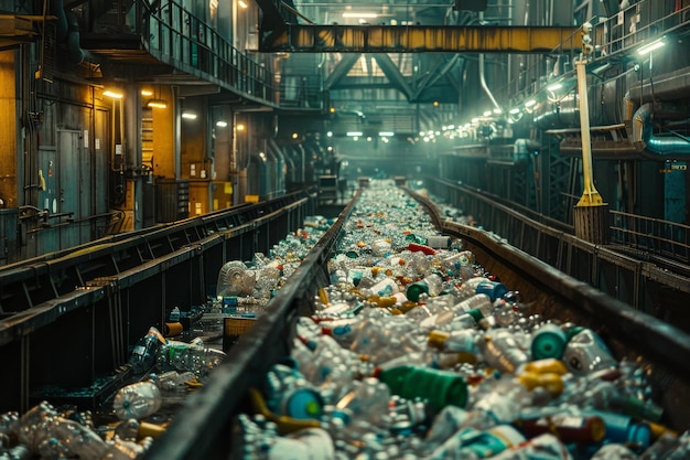 Photo train track filled with plastic bottles