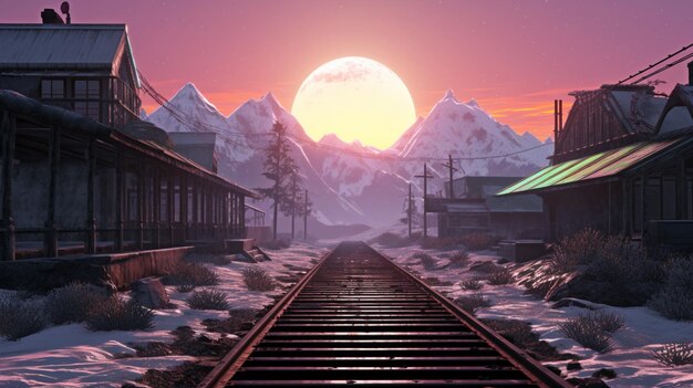 A train track in front of a snowy mountain