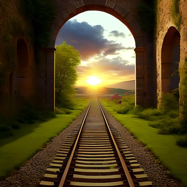 A train track is going through a tunnel with a sunset in the background.