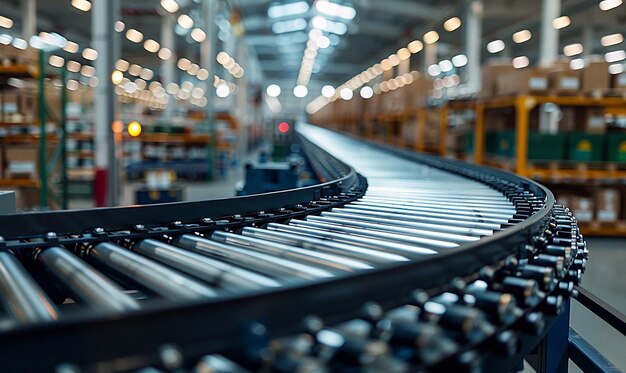 a train track is moving through a warehouse with a blurred background