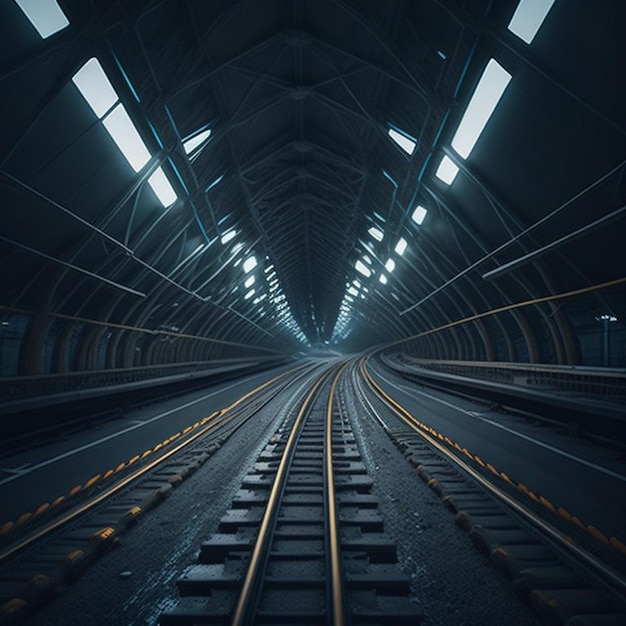 Железнодорожный путь показан в туннеле со светом с правой стороны.
