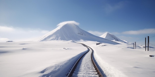 山を背景に雪の中の線路。