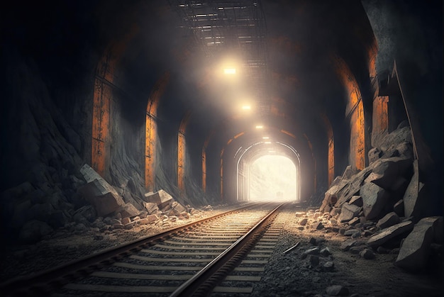 Железнодорожный путь в туннеле со светом в конце
