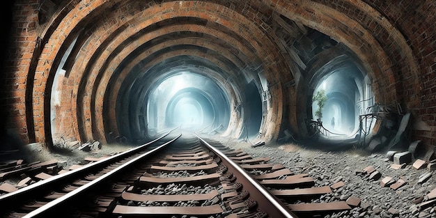 A train track in a tunnel with a man riding a bicycle.