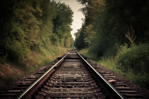 A train track with a blur of trees in the background