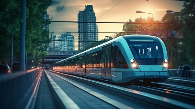 A train on a track with the city in the background