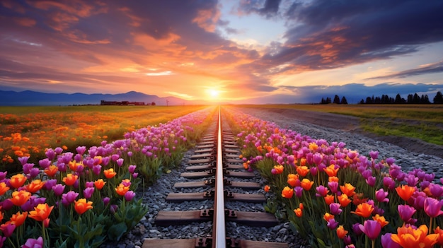 a train track with a field of flowers in the foreground