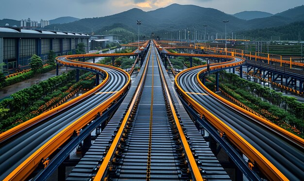 Photo a train track with a mountain in the background