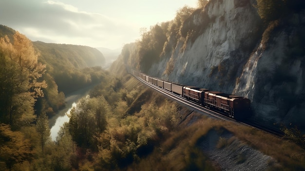 A train on a track with a mountain in the background