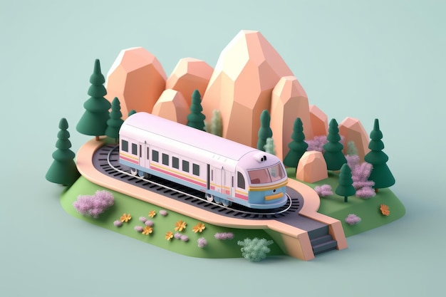 A train on a track with a mountain and forest in the background