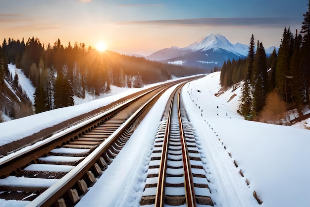 A train track with snow on the ground and mountains in the background