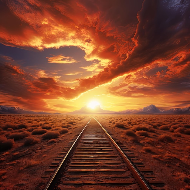 Photo a train track with the sun setting behind it