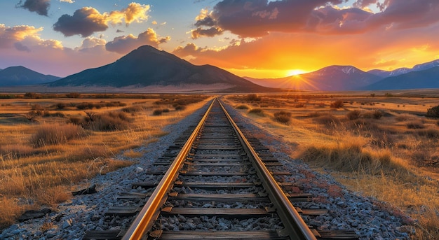 夕暮れ の 背景 に ある 列車 の 線路