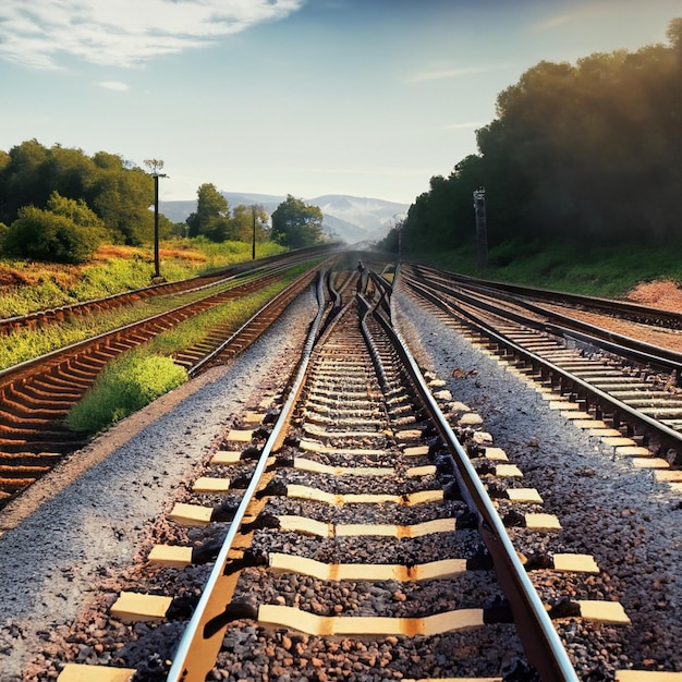 a train track with a train on the left and a train on the right