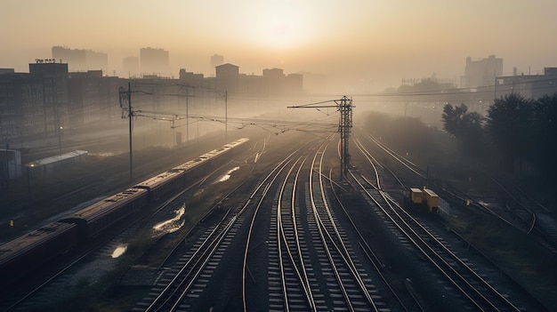 a train track with a yellow train passing by in the fog.