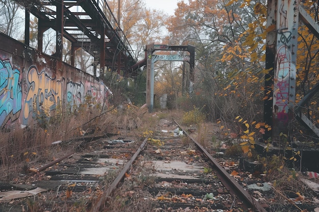 Железнодорожные пути покрыты граффити и листьями.
