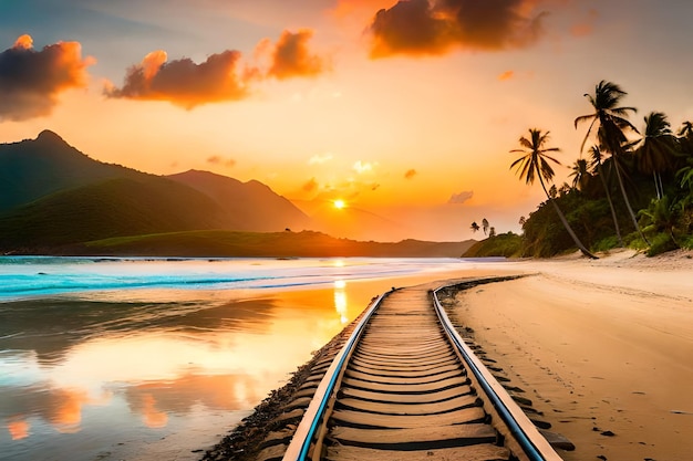 Train tracks on a beach with mountains in the background.