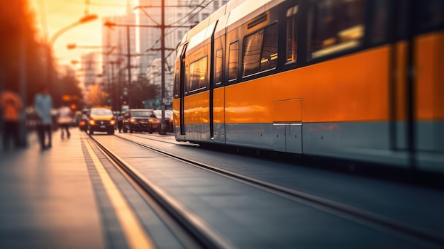 A train on the tracks in a city