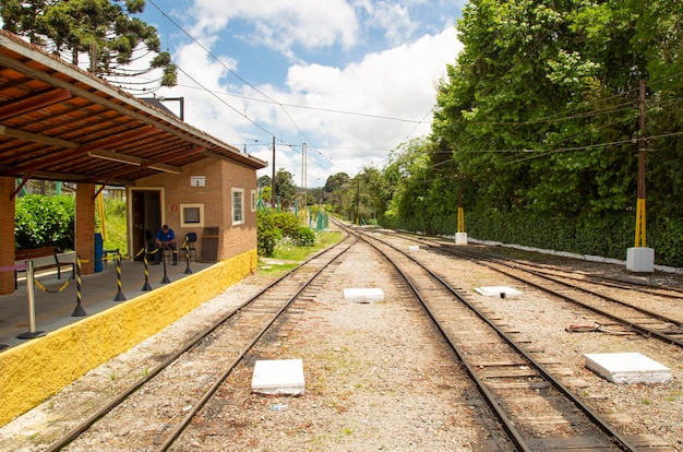 Train tracks in front of Emilio Ribas train station in Campos do Jordao Brazil