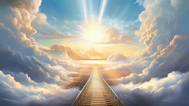 Photo a train tracks leading into a cloud in the sky with the sun shining above in the style of cosmic