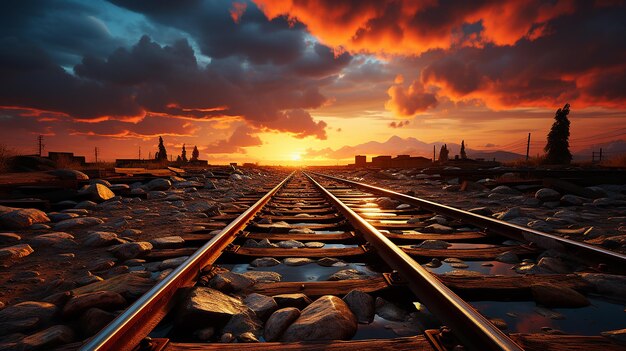 Железнодорожные рельсы, ведущие к закату