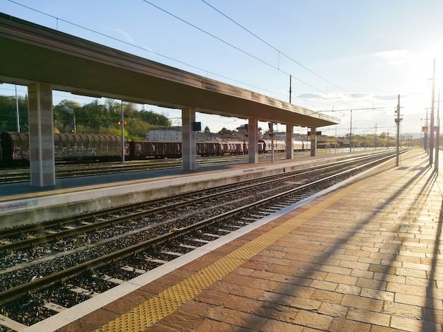 Train tracks perspective view. Transportation mode.