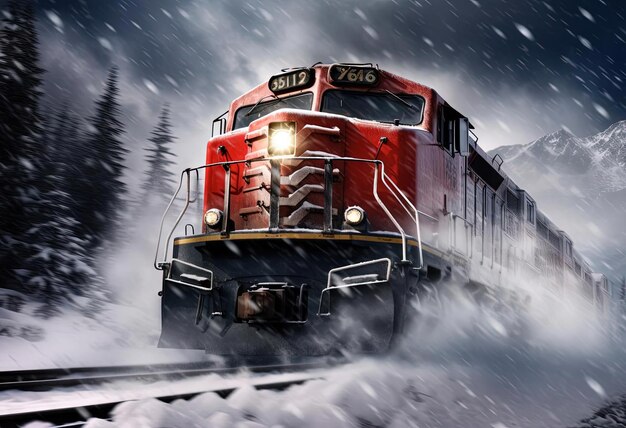 a train on tracks in the snow in the style of vibrant