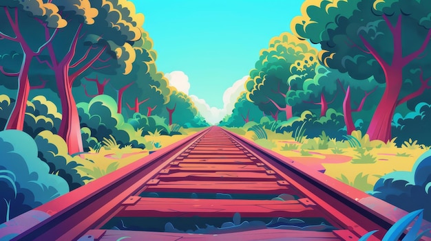 Photo train tracks travel concept cartoon illustration with forest trees along a railroad on a summer afternoon generative ai