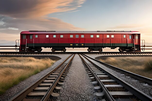 Foto un treno sui binari con un cielo nuvoloso sullo sfondo