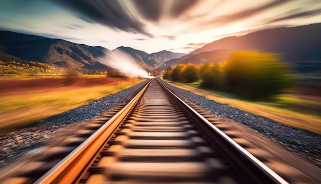 Train tracks with a colorful sky in the background