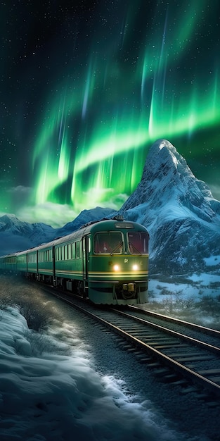 A train on the tracks with the green lights above it.