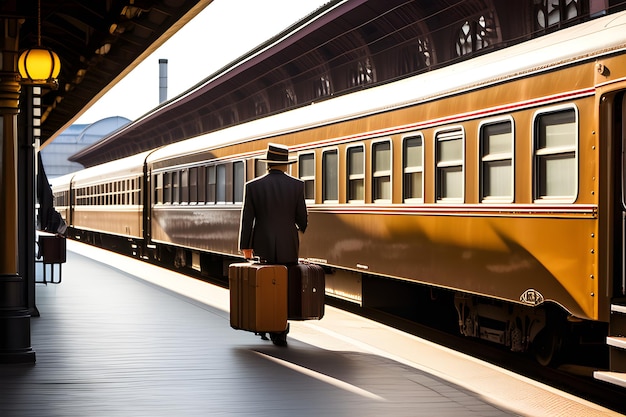 Train travel retro carriage station pier old retro brown suitcase Playground AI platform