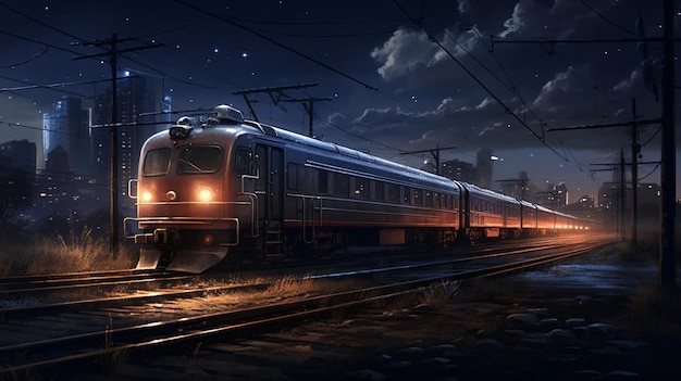 Поезд едет по железнодорожному пути ночью.