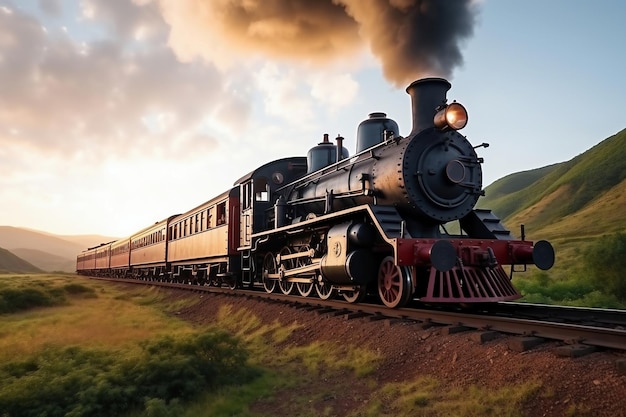 A train traveling down train tracks next to a lush green field Smoke from the chimney of a retro train