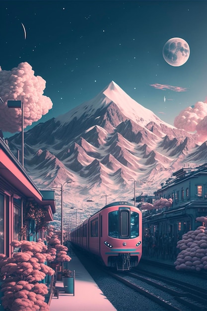 Train traveling down train tracks next to a mountain generative ai