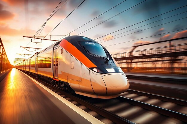 A train traveling down train tracks at sunset