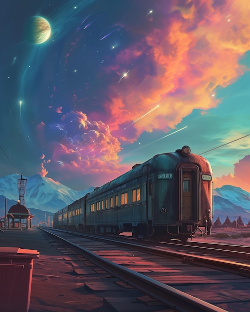 Train traveling in galaxy wallpaper
