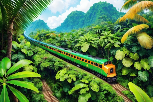 Foto treno che viaggia attraverso la lussureggiante foresta verde giungla fanstasy sfondo tropicale ai generato