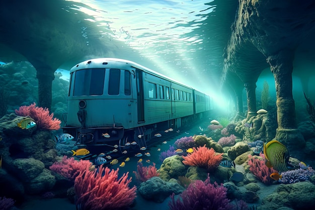 A train traveling through a lush green underwater forest Generative AI