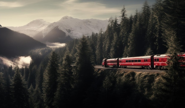 Photo a train traveling through a mountainous area with trees in front of it