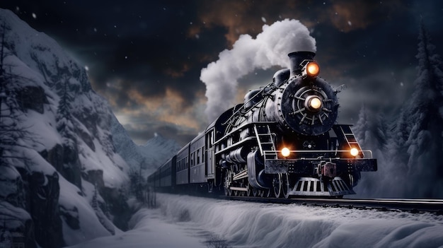 雪で覆われた森を旅する列車