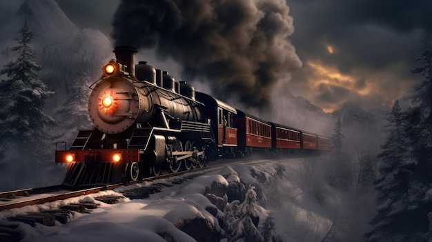 поезд, путешествующий по лесу, покрытому снегом